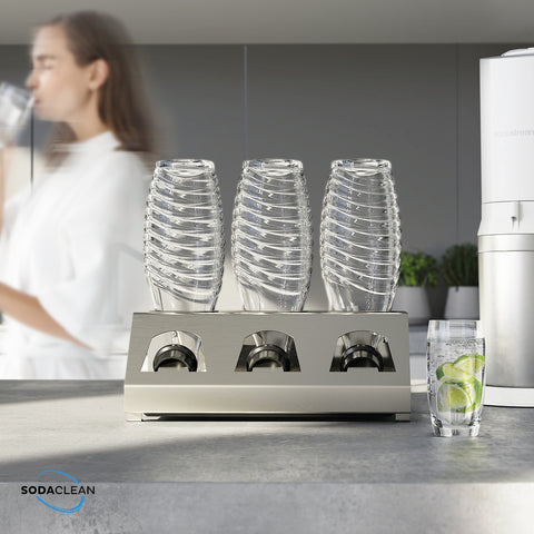 SodaClean® Premium 3er Flaschenhalter für Sodastream  aus Edelstahl mit Abtropfwanne - Sodaclean