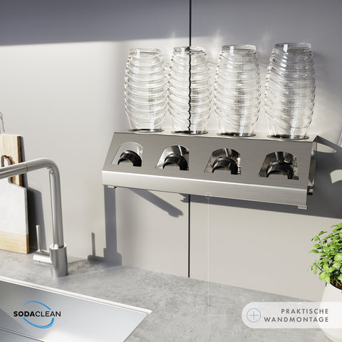 SodaClean® Premium 4er Flaschenhalter für Sodastream  aus Edelstahl mit Abtropfwanne - Sodaclean